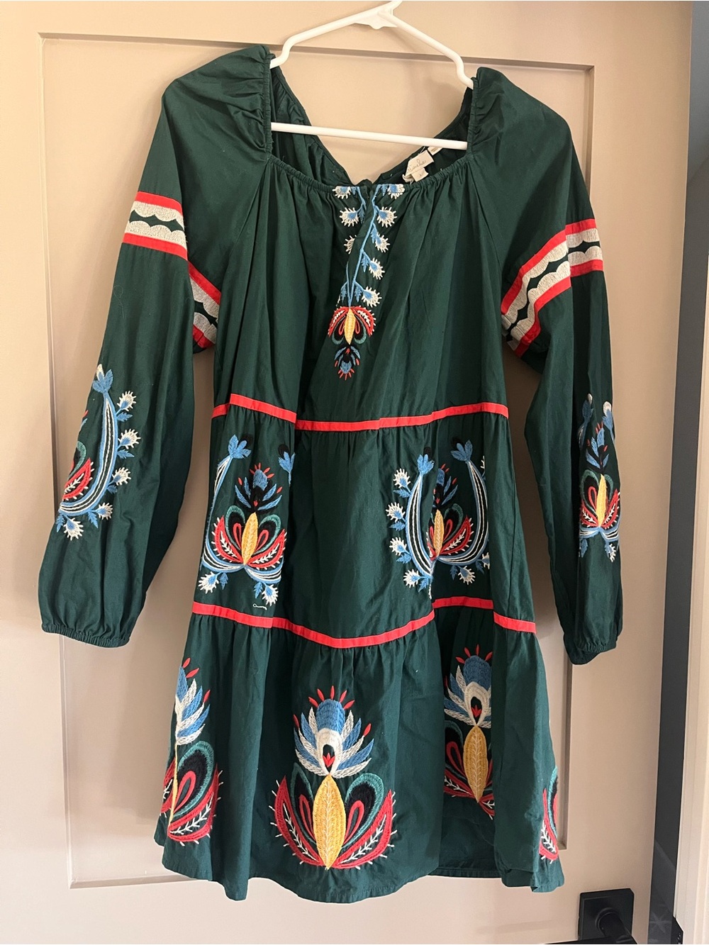 Green Embroidered Long Sleeve Peasant Anthropologie Dress